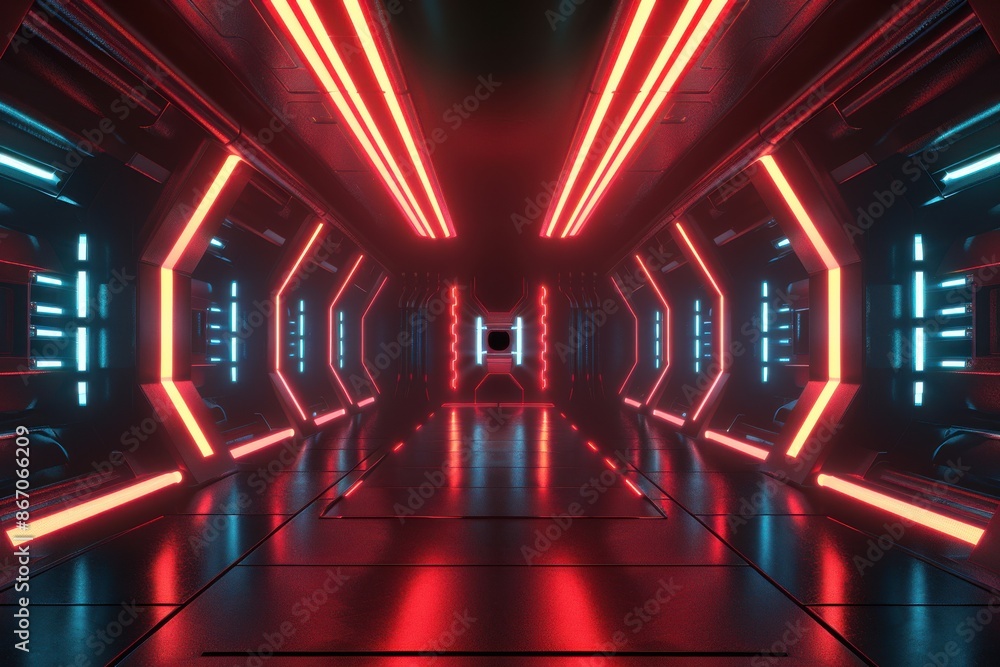 Futuristic Sci-Fi Corridor with Red and Teal Neon Lights. A 3D Rendered Background Futuristic Sci-Fi Corridor with Red and Teal Neon Lights. A 3D Rendered Background