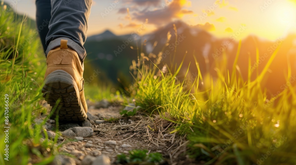 A hiker's boots on a trail at sunset, surrounded by lush greenery. Ideal for outdoor and adventure themes. A hiker's boots on a trail at sunset, surrounded by lush greenery. Ideal for outdoor and adventure themes.