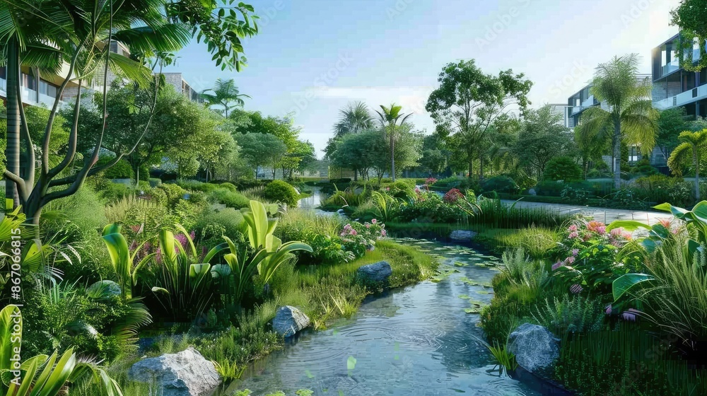 A scenic urban green space with integrated water management systems and lush vegetation. A scenic urban green space with integrated water management systems and lush vegetation.