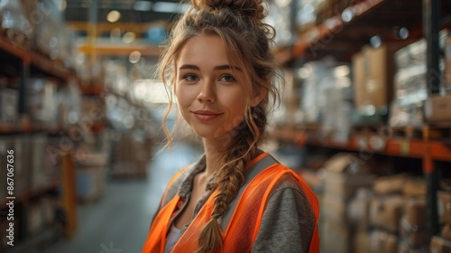 Young Woman in Warehouse Wearing Safety Vest - Generative AI