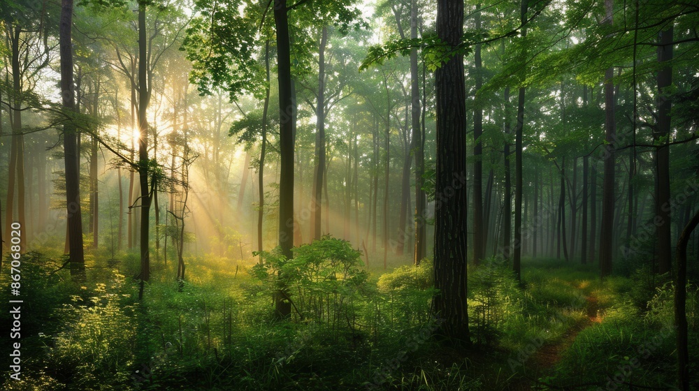 A serene forest landscape at dawn, with sunbeams illuminating the trees and mist creating a mystical atmosphere. Generative AI A serene forest landscape at dawn, with sunbeams illuminating the trees and mist creating a mystical atmosphere. Generative AI
