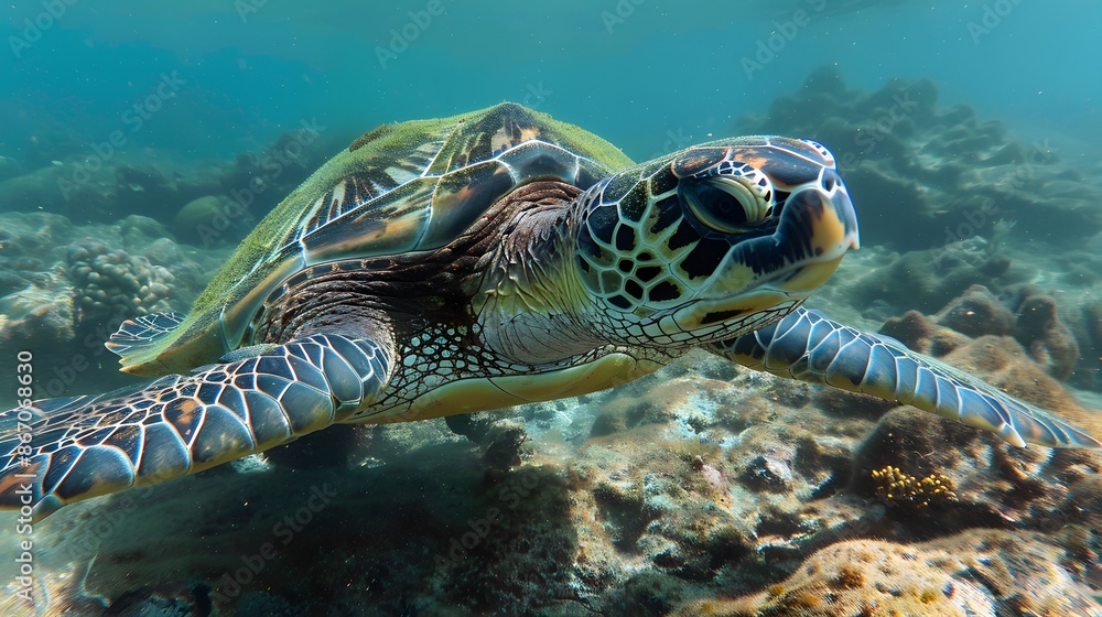 Obraz premium An endangered Hawaiian Green Sea Turtle cruises in the warm waters of the Pacific Ocean in Hawaii. 