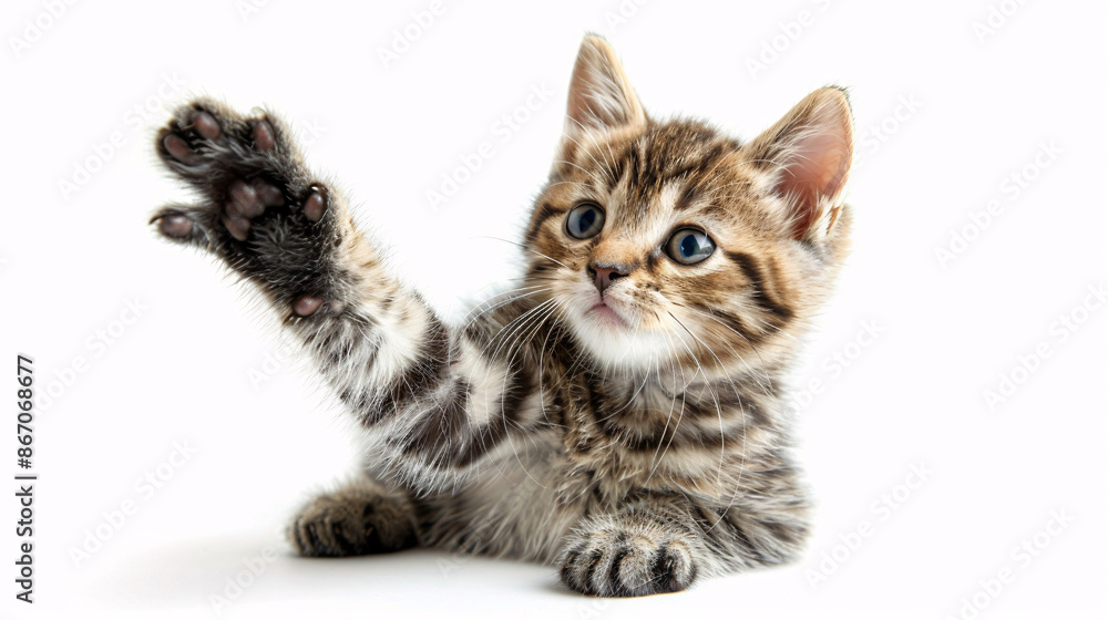 Fototapeta premium Adorable domestic cat giving a high five, isolated on white background