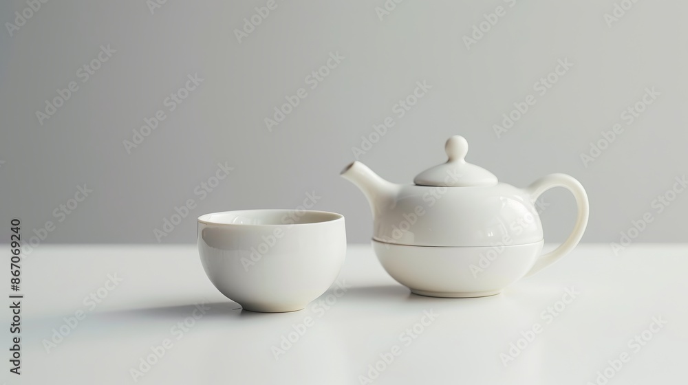 Close-up of a minimalist tea set with a white teapot and cup Close-up of a minimalist tea set with a white teapot and cup