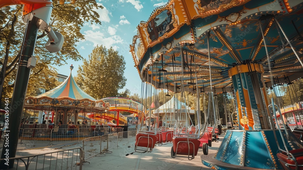 Fototapeta premium A giant Ferris wheel spins against a city skyline, dwarfing boats on a river below