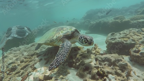 An endangered Hawaiian Green Sea Turtle cruises in the warm waters of the Pacific Ocean in Hawaii. 