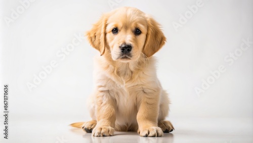 Adorable golden retriever puppy with floppy ears and sweet expression sitting alone on a plain white studio background.