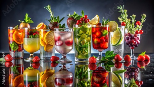 Vibrant array of colorful cocktails garnished with fresh fruits and herbs on a sleek reflective surface exuding festive ambiance.