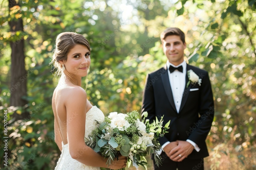 Bride holding a bouquet with her groom standing behind her in a forest setting Bride holding a bouquet with her groom standing behind her in a forest setting
