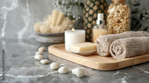 Spa composition with towels, soap, and candle on a bamboo tray. A relaxing, minimalist concept of self-care, wellness, and aromatherapy.