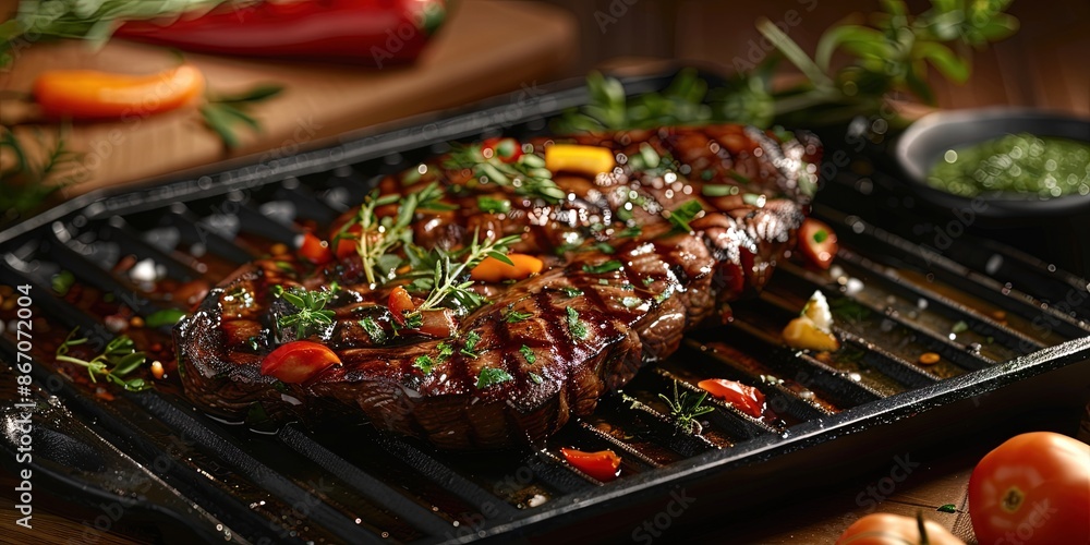 sizzling steak, with grill marks, adorned with fresh herbs and colorful vegetable sizzling steak, with grill marks, adorned with fresh herbs and colorful vegetable