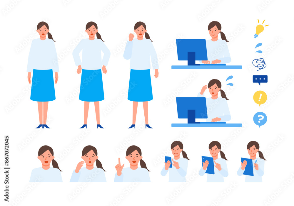 Working Woman. Concept for Problem Solving. Woman cartoon character head collection set. People face profiles avatars and icons. Close up image of Problem Solving Woman. Working Woman. Concept for Problem Solving. Woman cartoon character head collection set. People face profiles avatars and icons. Close up image of Problem Solving Woman.
