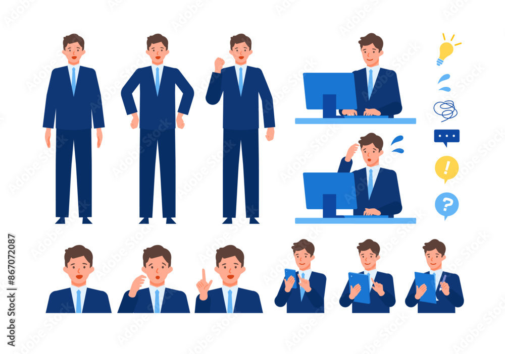Working man. Concept for Problem Solving. Man cartoon character head collection set. People face profiles avatars and icons. Close up image of Problem Solving man. Working man. Concept for Problem Solving. Man cartoon character head collection set. People face profiles avatars and icons. Close up image of Problem Solving man.