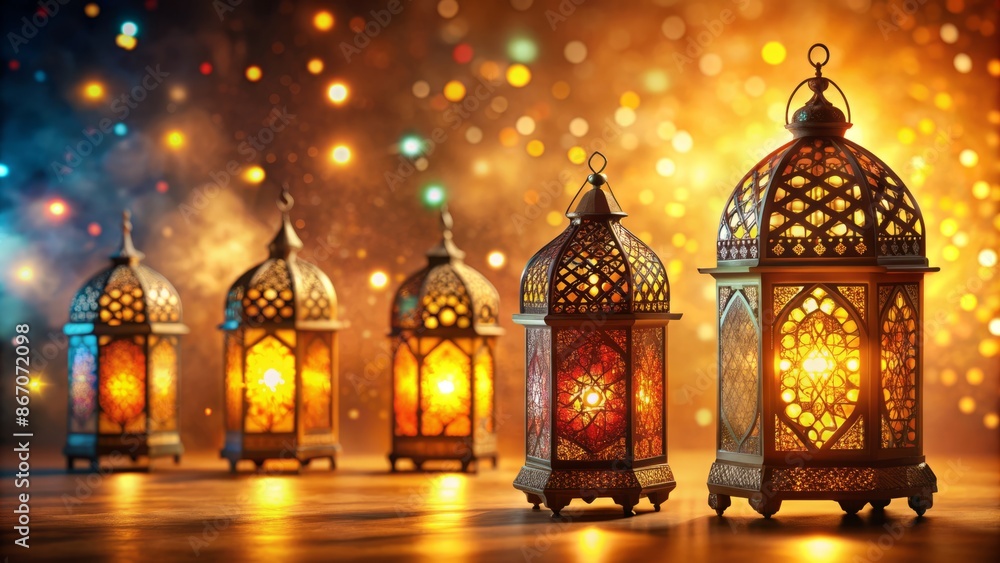 Vibrant intricately designed Arabic lanterns adorn a warm golden background, evoking a magical ambiance of Ramadan celebration and Middle Eastern culture. Vibrant intricately designed Arabic lanterns adorn a warm golden background, evoking a magical ambiance of Ramadan celebration and Middle Eastern culture.