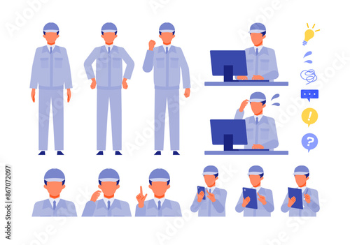 Working man. Concept for Problem Solving. Man cartoon character head collection set. People face profiles avatars and icons. Close up image of Problem Solving man.