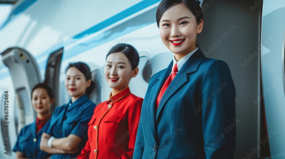 Four flight attendants smile by an airplane door Four flight attendants smile by an airplane door