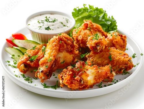 Crispy Chicken Wings with Ranch Dipping Sauce on White Background
