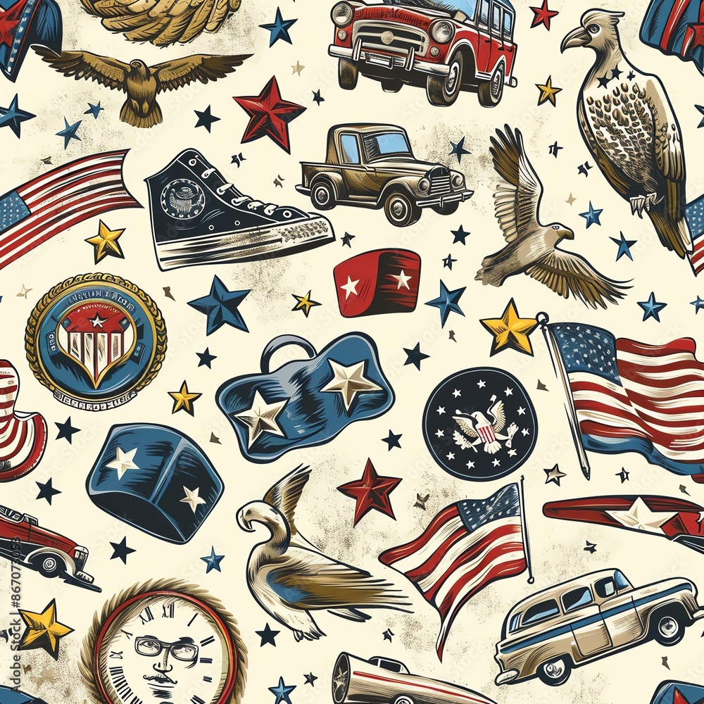 A seamless pattern with Americana icons like flags, eagles, cars, and stars. A seamless pattern with Americana icons like flags, eagles, cars, and stars.