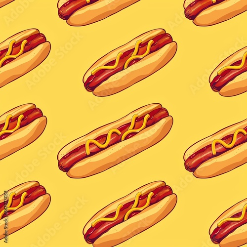 A seamless pattern of hot dogs with mustard on a yellow background.
