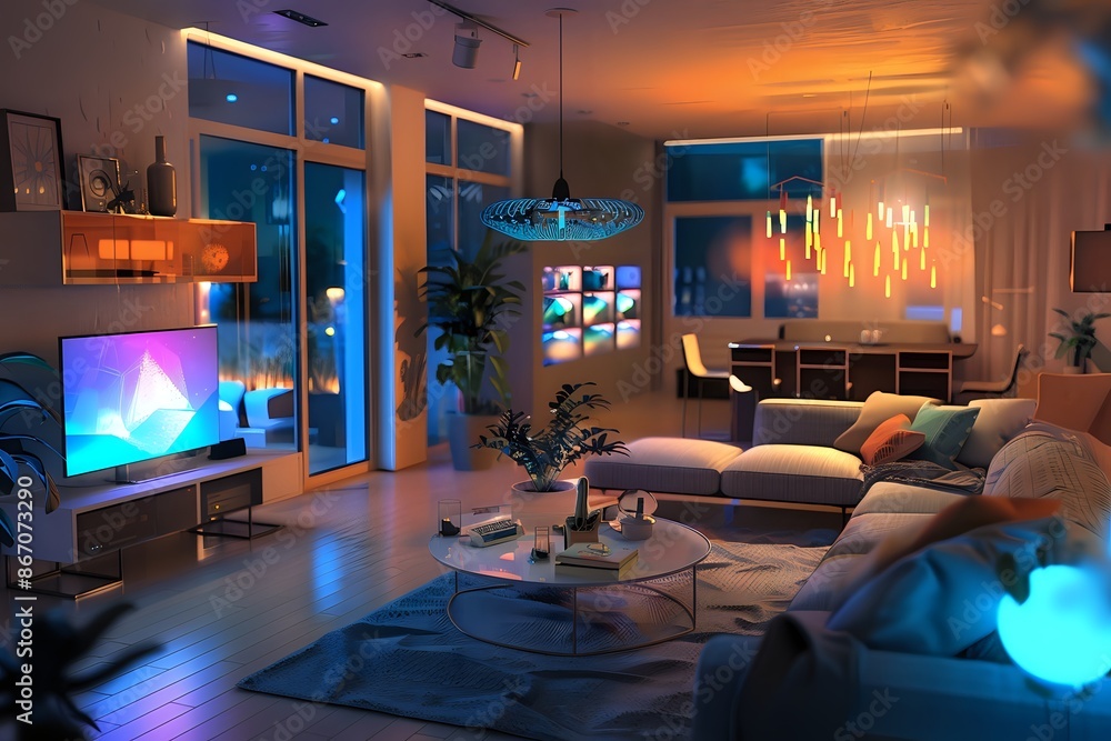 Modern living room interior with ambient lighting, television, comfortable couch, and futuristic decor. Perfect for themes of smart home technology, relaxation, and modern design. Modern living room interior with ambient lighting, television, comfortable couch, and futuristic decor. Perfect for themes of smart home technology, relaxation, and modern design.