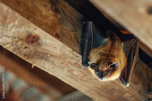 Brown bat hanging upside down under the wooden roof and looking into the camera