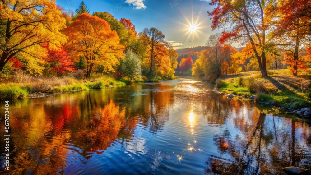Fototapeta premium Serene autumn landscape with calm river flowing amidst vibrant fall foliage, warm sunlight casting gentle shadows on peaceful surroundings.