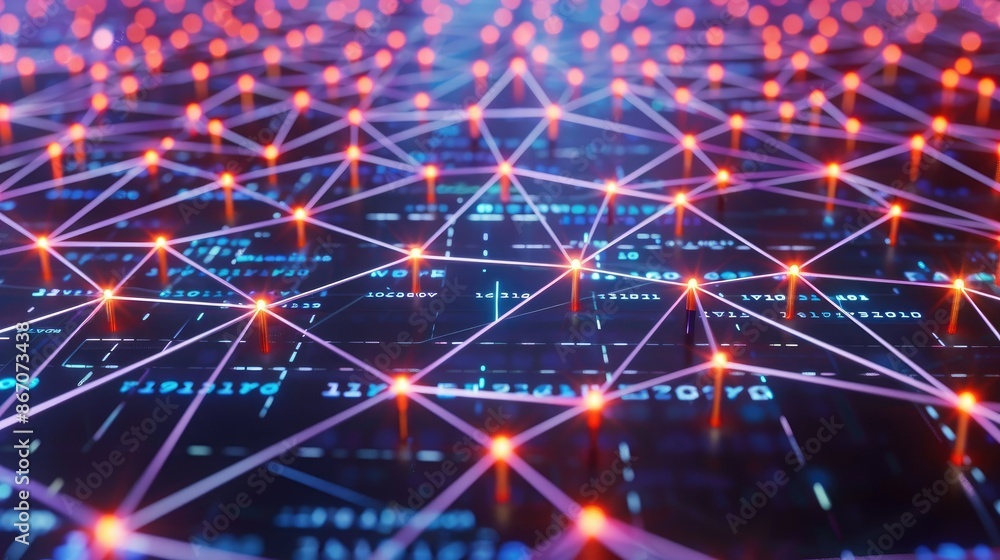 Obraz premium A digital grid with interconnected lines and glowing nodes, representing networking