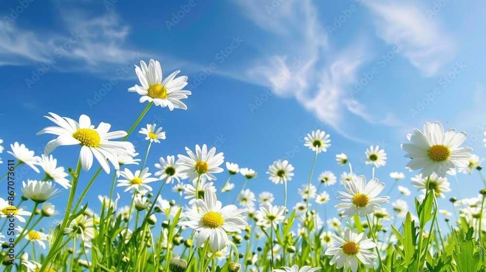 A meadow of white daisies with a bright blue sky overhead A meadow of white daisies with a bright blue sky overhead