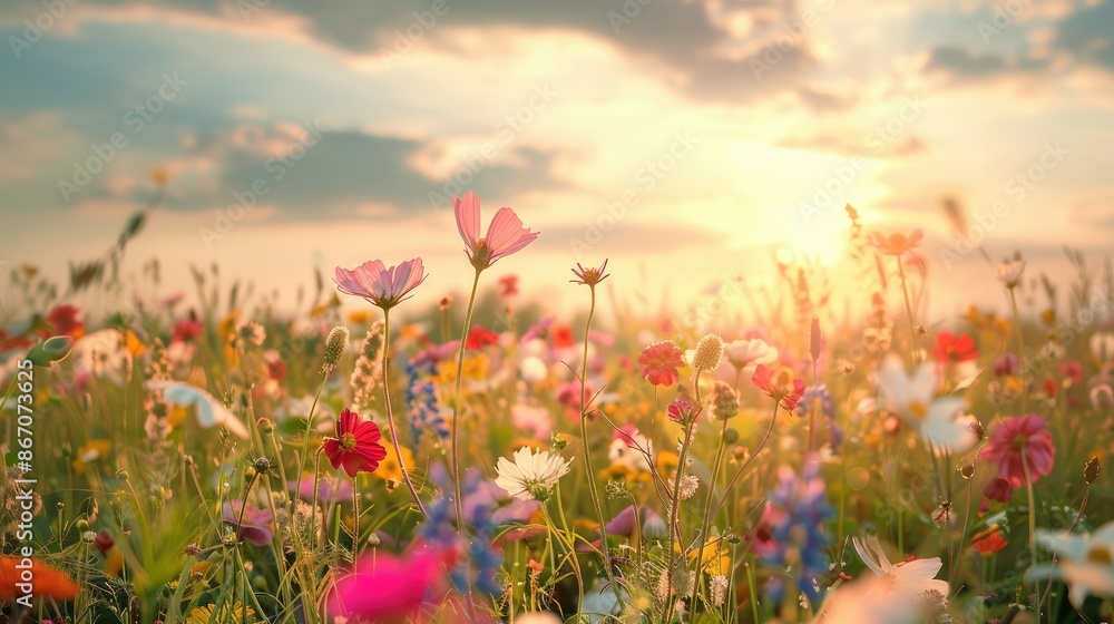 A meadow of wildflowers in full bloom under a bright, sunny sky A meadow of wildflowers in full bloom under a bright, sunny sky