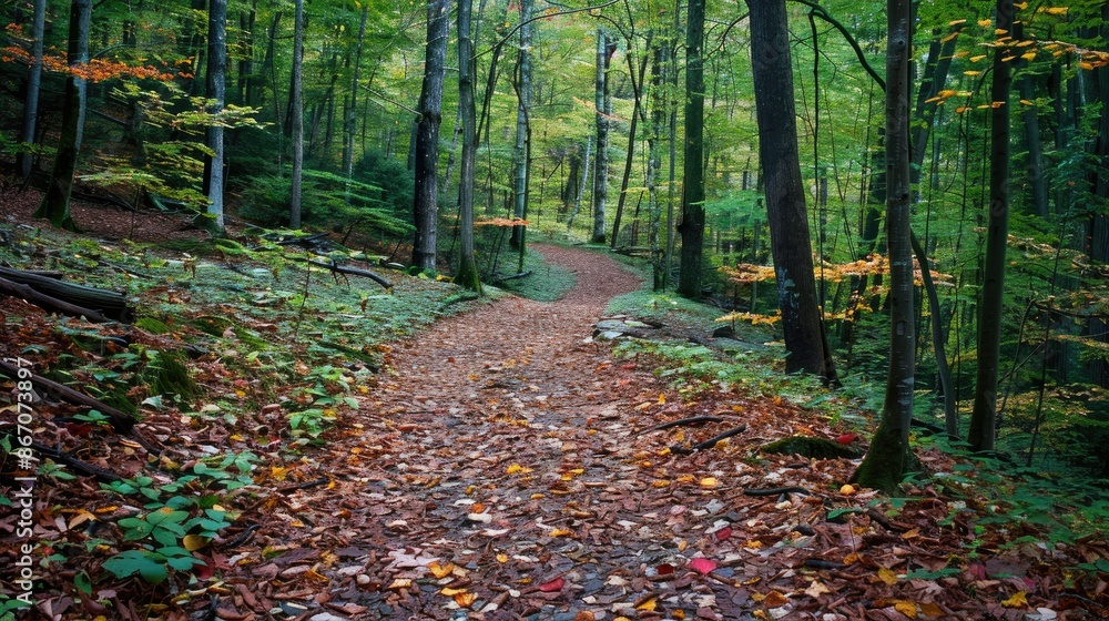 A narrow forest path covered in fallen leaves and surrounded by trees A narrow forest path covered in fallen leaves and surrounded by trees