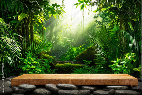 Fototapeta Naklejka Na Ścianę i Meble -   Background podium jungle product platform 3D green wood display pedestal. Background podium jungle tree nature leaf tropical cosmetic summer forest plant garden stage water presentation stone table. 