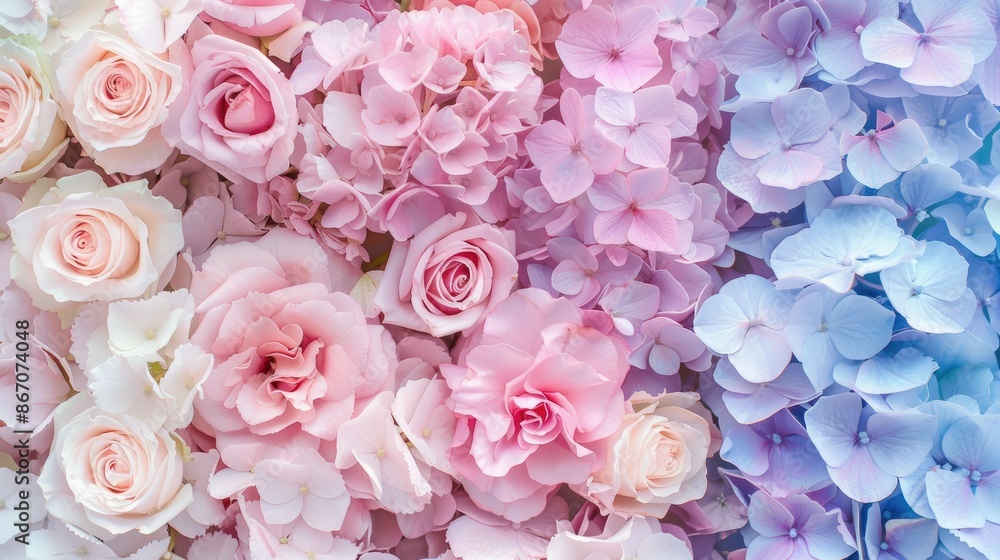 A pastel floral background with a mix of hydrangeas and roses A pastel floral background with a mix of hydrangeas and roses