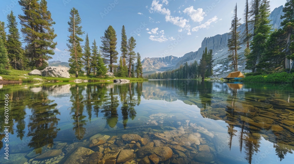 A serene campsite on the edge of a clear, reflective lake surrounded by towering pine trees and a distant mountain range. A serene campsite on the edge of a clear, reflective lake surrounded by towering pine trees and a distant mountain range.