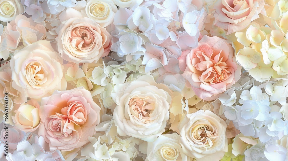 A pastel floral background with roses and hydrangeas in full bloom A pastel floral background with roses and hydrangeas in full bloom