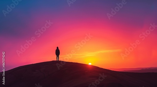 Silhouetted figure on hill gazes at vibrant sunset, embodying gratitude for nature. Minimalist style captures serene moment. Created with Generative AI.