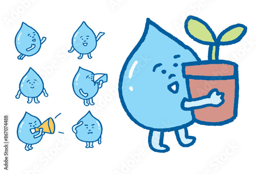 青い水滴のかわいいキャライラスト