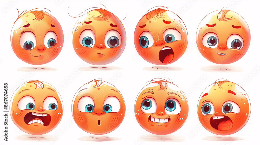 Obraz premium Cute hand-drawn baby emoji with different expressions, isolated on white background