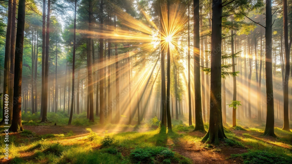 Naklejka premium Misty forest landscape with sun rays shining through the trees , Nature, scenery, forest, mist, fog, sun rays, trees