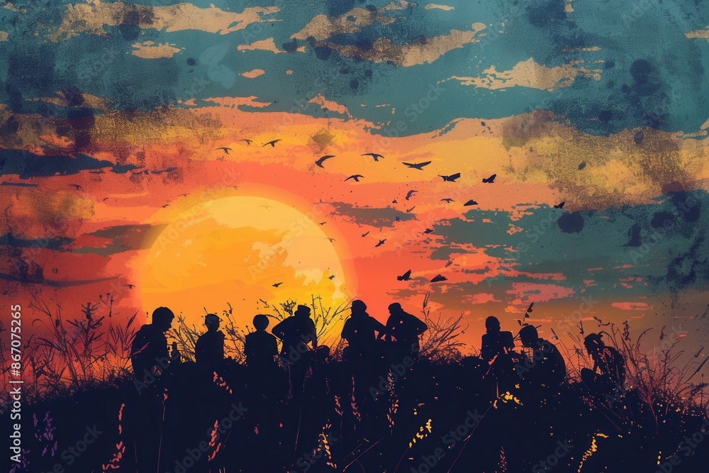 A picturesque silhouette of friends gathered on a hill, enjoying a peaceful sunset. Generative AI A picturesque silhouette of friends gathered on a hill, enjoying a peaceful sunset. Generative AI