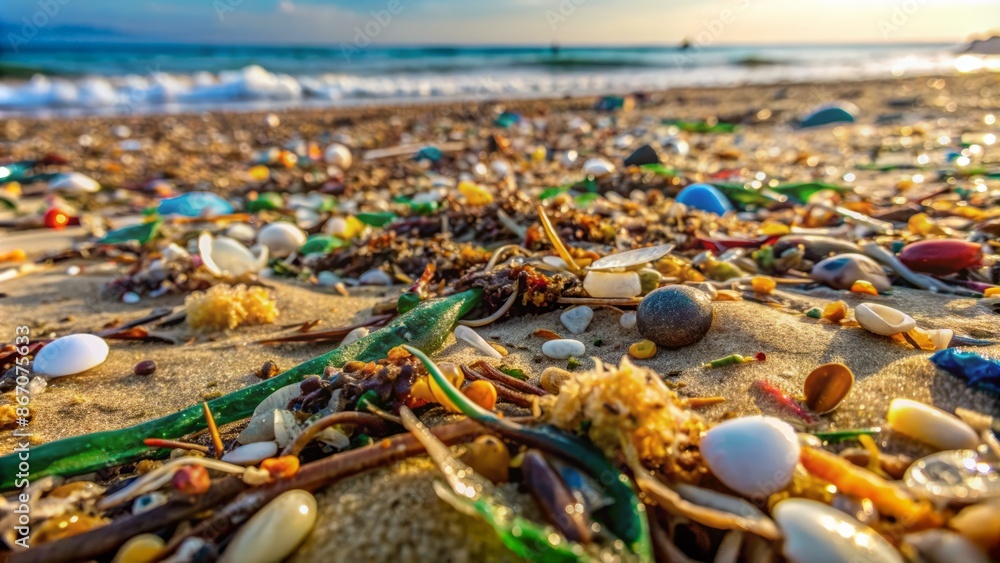 Close-up of tiny plastic fragments and fibers scattered among seaweed and shells on a polluted sandy beach at low tide. Close-up of tiny plastic fragments and fibers scattered among seaweed and shells on a polluted sandy beach at low tide.