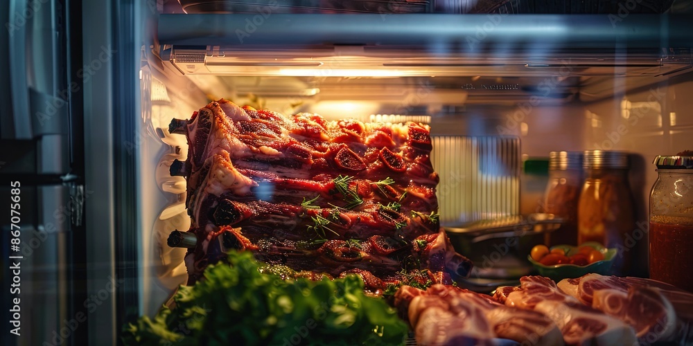 Pork belly is aging inside the kitchen refrigerator. The refrigerator door is transparent glass Pork belly is aging inside the kitchen refrigerator. The refrigerator door is transparent glass