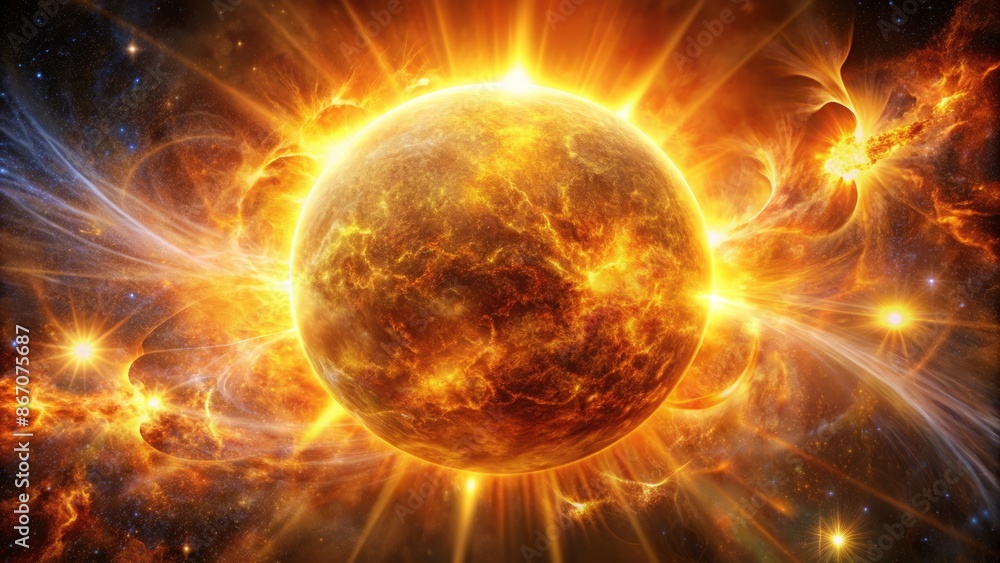 Fototapeta premium Vibrant orange-yellow sun surface adorned with majestic bursting flares, star protuberances, and swirling magnetic storms amidst radiant plasma flashes.