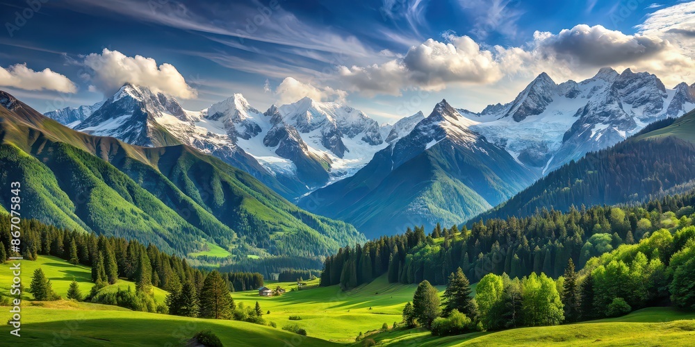 Majestic mountain landscape with snow-capped peaks and lush green valleys, majestic, mountain, landscape, nature Majestic mountain landscape with snow-capped peaks and lush green valleys, majestic, mountain, landscape, nature
