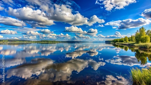Serene lakeside panorama featuring calm Kama river waters mirroring a brilliant blue sky with puffy white clouds in tranquil atmosphere. photo