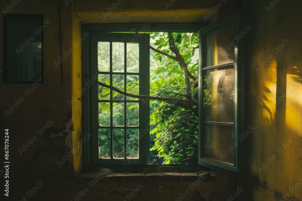 Sunlight shining on the wall of a derelict building with tree branches growing through an open window Sunlight shining on the wall of a derelict building with tree branches growing through an open window
