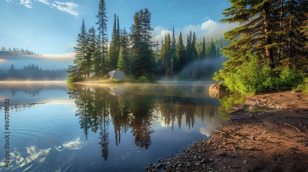 A serene campsite on the shore of a tranquil lake, with tall trees reflected in the calm water and mist rising in the morning light.