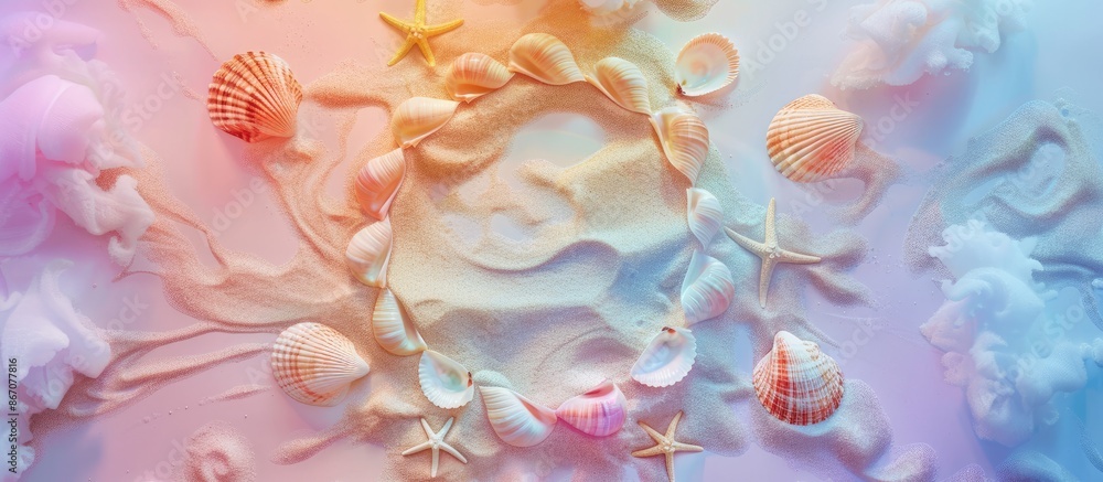 Engaging Version: Whimsical Sea Shell Wreath with Mother of Pearl Shells on Rainbow Sky and Cloud backdrop. Artistic Nature Display with Copy Space. Top-Down View. Engaging Version: Whimsical Sea Shell Wreath with Mother of Pearl Shells on Rainbow Sky and Cloud backdrop. Artistic Nature Display with Copy Space. Top-Down View.