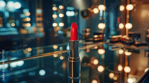 In a mirrored dressing room, a tube of vibrant red lipstick rests on a vanity, its sleek casing reflecting soft, flattering lighting.  photo