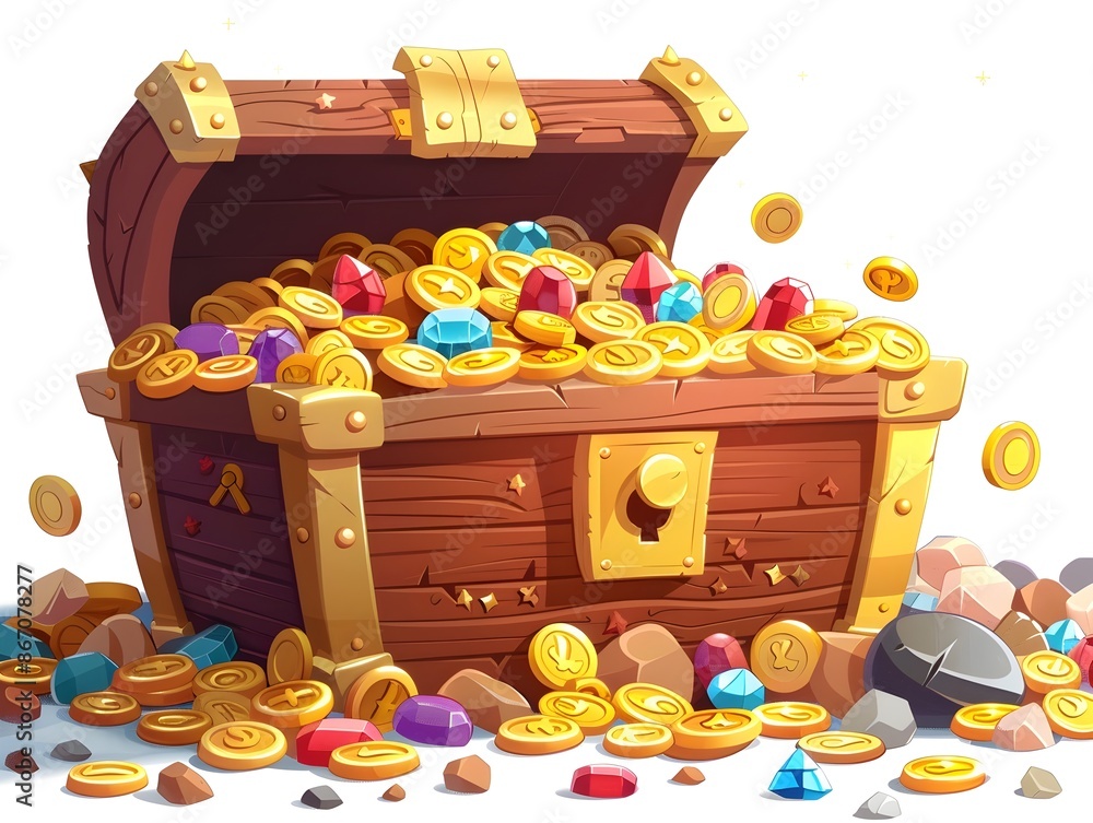 Cartoon Treasure Chest Overflowing with Gold Coins and Jewels on White Background Cartoon Treasure Chest Overflowing with Gold Coins and Jewels on White Background