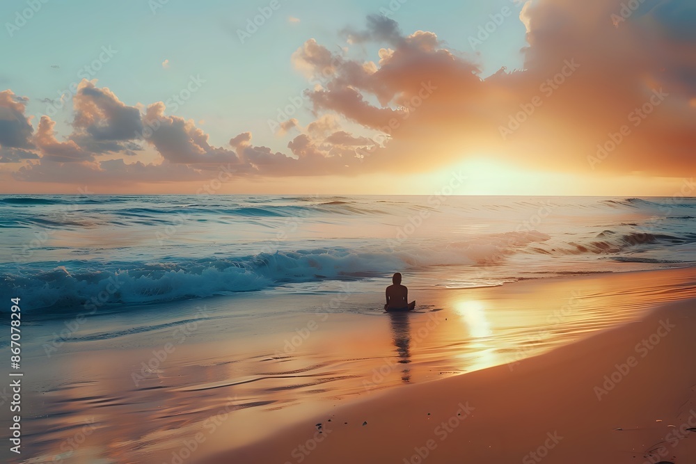 Silhouette of person meditating on a beach at sunset, embracing mindfulness and tranquility by the ocean. Silhouette of person meditating on a beach at sunset, embracing mindfulness and tranquility by the ocean.